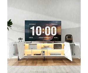 Julyue Meuble TV moderne, 220 cm, blanc, avec éclairage LED et portes inclinées, 2 portes et compartiment ouvert, base multimédia stable avec pieds en métal