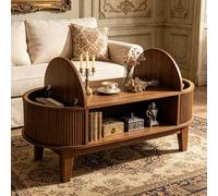 Julyue Table Basse Ronde 100 x 50 x 40,5 cm, avec Espace de Rangement dissimulé et Couvercle Rabattable, Table de Salon Moderne en Bois de Noyer, Peu encombrante pour Le Salon