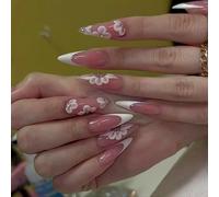 Jum-24pcs French Tip Long Stiletto Press On Nails-White Flower Pattern Rhinestone Design-Amovible Glue-On Acrylique Full Cover Nails For Women Nail Art