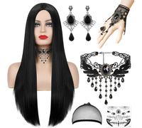 Jum-Perruque Femme,70cm Perruque Halloween Femme Set De 9 Pcs,Perruque Halloween Noire Femme Avec Filet À Cheveux Gothique Bracelets Collier,Boucle D'oreille Pour Halloween Carnaval Fête Vampire Cospl