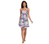 JUMBEAR Belle chemise de nuit en satin pour femme motif fleurs de lotus nuisette chemise de nuit col en V robe courte, a, XXL