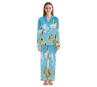 JUMBEAR Blue Sky Sunflower Ensemble pyjama à manches longues avec haut boutonné et pantalon long, vêtement de nuit doux pour femme, a, XL