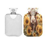 JUMBEAR Bouillotte tournesols et vaches des Highlands avec housse souple pour soulager la douleur 1 L pour les mains et les pieds, sac d'eau chaude pour dormir confortablement