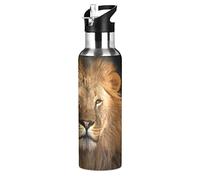 JUMBEAR Lion Gourde Bouteille d'eau isotherme en acier inoxydable anti-fuite à large goulot avec couvercle à paille pour fitness, salle de sport et sports de plein air 650 ml