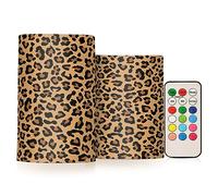 JUMBEAR Lot de 2 belles bougies LED sans flamme en cire véritable avec télécommande à 18 touches et minuterie de 24 heures Motif léopard 10,2 cm 12,7 cm