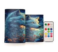 JUMBEAR Lot de 2 bougies LED sans flamme en cire véritable avec loup blanc aux yeux brillants, 10,2 cm, 12,7 cm, télécommande 18 touches avec fonction minuterie 24 heures