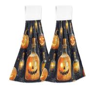 JUMBEAR Lot de 2 essuie-Mains à Suspendre en Microfibre Velours Corail avec Boucle de Suspension, Citrouille d'halloween dans Une Bouteille de vin, absorbants et Super Doux pour Cuisine et Salle de