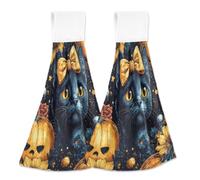 JUMBEAR Lot de 2 Serviettes de Toilette à Suspendre en Microfibre Velours Corail avec Boucle de Suspension, absorbantes et Super Douces pour Halloween, Chats et citrouilles