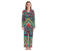 JUMBEAR Pyjama pour femme imprimé aztèque tribal avec haut boutonné à manches longues et pantalon pleine longueur, vêtement de nuit doux, a, XXL