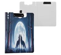 JUMBEAR Two Wolves Under The Moonlight Porte-bloc A4 avec double clips, planche à clip pliable avec couverture, organiseur personnel léger adapté pour hôpital, bureau, école, affaires, salle de classe