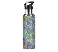 JUMBEAR Van Gogh's Iris Bouteille d'eau isotherme en acier inoxydable anti-fuite avec couvercle à paille pour fitness, salle de sport et sports de plein air 650 ml