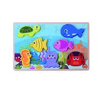 jumini Puzzle en bois Poisson Océan Chunky - 7 pièces colorées - Pour les tout-petits de 1 an à 12 mois et plus - Design audacieux et couleurs vives - Scène de vie marine