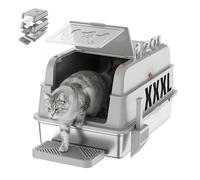 JUMMICO 120L bac à litière pour Chat XXXL, bac litière pour Chat en Acier Inoxydable 3 en 1 (Ouvert/Semi-fermé/fermé) avec Couvercle Rabattable 150°, Anti-Rayures et Anti-fuites, Plateau Anti-Sable