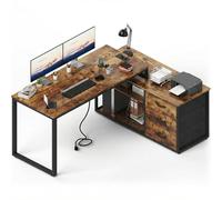 JUMMICO Bureau d'angle avec 3 tiroirs, Bureau d'ordinateur réversible en Forme de L avec Espace de Rangement supplémentaire, Bureau de Bureau avec Prise de Courant, Hauteur de séparation réglable