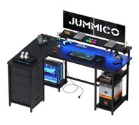 JUMMICO Bureau d'angle en Forme de L 155 cm avec lumières LED, Noir | Bureau pour Ordinateur Bureau, Maison, Table de Jeu avec étagères de Rangement, Structure Stable et Design réversible