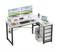 JUMMICO Bureau d'angle réversible en Forme de L avec 4 tiroirs en Tissu, 2 Prises et 2 Ports USB, Bureau d'ordinateur, en Forme de L, pour Le Bureau à Domicile, Les Jeux, Blanc, 160 x 80 cm