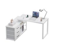 JUMMICO Bureau d'ordinateur 140 x 105 cm, Modèle en L Réversible, 3 Grands Tiroirs, Multiprise Intégrée et Panneau Perforé Réglable, Plateau Blanc avec Pieds Blancs
