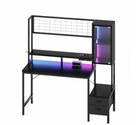 JUMMICO Bureau Gaming 120cm, LED & Prises, Panneau Grille & Vitrine, Noir