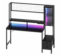 JUMMICO Bureau Gaming 140cm, LED & Prises, Panneau Grille & Vitrine, Noir