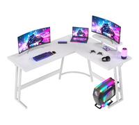 JUMMICO Bureau Gaming en L 150x130cm - Bureau d'angle avec Support Écran Réversible - Polyvalent (Jeu/Travail/Étude) - Stabilité Maximale & Nettoyage Facil - Revêtement Carbone - Blanc
