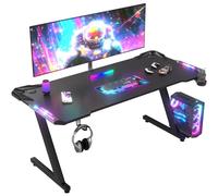 JUMMICO Bureau Gaming Professionnel RGB 160x60cm - Plateau Carbone Anti-Rayures, Imperméable - Pieds en Z, Rétroéclairage LED, Porte-Casque & Porte-Gobelet