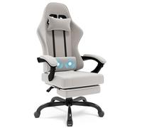 JUMMICO Chaise de Gaming en Tissu - Ergonomique - avec Coussin Lombaire de Massage - avec Repose-Pieds - Largeur d'assise : 50 cm - Gris Clair