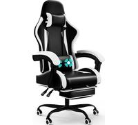 JUMMICO Chaise de Gaming Ergonomique avec Coussin Lombaire de Massage - Dossier réglable de 90 à 150 ° et Repose-Pieds - Charge maximale : 150 kg - Blanc