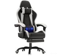 JUMMICO Chaise Gaming avec Coussin de Massage, Fauteuil Gaming Ergonomique avec Coussin Lombaire Massant, Chaise Bureau Gaming avec Dossier Réglable de 90 à 150° et Repose-Pieds, 150 kg, Blanc