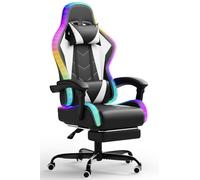 JUMMICO Chaise Gaming avec LED, Fauteuil Gaming au Design de La Course Automobile avec Repose-Pieds Extensible, Chaise de Bureau Ergonomique avec Fonction Massage,Capacité de Charge 150 kg, Weiß