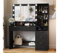 JUMMICO Coiffeuse avec Grand Miroir LED et Multiprise Intégrée, Table de Maquillage Moderne avec 5 Tiroirs, 6 Crochets pour Bijoux, Compartiments Ouverts, Meuble de Chambre à Coucher/Dressing (Noir)