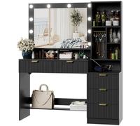 JUMMICO Coiffeuse avec Grand Miroir LED et Multiprise Intégrée, Table de Maquillage Moderne avec 5 Tiroirs, 6 Crochets pour Bijoux, Compartiments Ouverts, Meuble de Chambre à Coucher/Dressing (Noir)