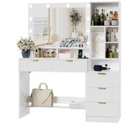 JUMMICO Coiffeuse avec Grand Miroir LED et Multiprise Intégrée, Table de Maquillage Moderne avec 5 Tiroirs, 6 Crochets pour Bijoux, Compartiments Ouverts, Meuble de Chambre à Coucher/Dressing (Blanc)