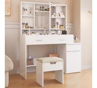 JUMMICO Coiffeuse avec LED, 3 Luminosité Réglable, Table de Maquillage avec Miroir, Jewellery Hooks, 5 Tiroirs, 6 Compartiments Ouverts, Tabouret, Moderne, Blanc (Coiffeuse + Tabouret)