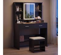 JUMMICO Coiffeuse avec Miroir à éclairage LED et luminosité réglable, Table de Maquillage Moderne avec 2 tiroirs, étagères Ajustables et Rangement à Bijoux, Couleur Noire avec Tabouret Inclus