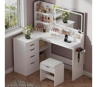 JUMMICO Coiffeuse avec Miroir et éclairage LED, Coiffeuse d’Angle en L avec Tabouret, Miroir LED 3 Couleurs, Table de Maquillage 120 cm avec 5 tiroirs et Prises intégrées, Blanche