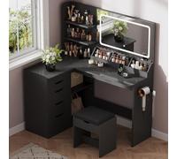 JUMMICO Coiffeuse avec Miroir et éclairage LED, Coiffeuse d’Angle en L avec Tabouret, Miroir LED 3 Couleurs, Table de Maquillage 120 cm avec 5 tiroirs et Prises intégrées, Noire