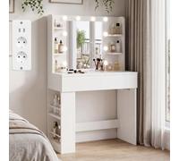 JUMMICO Coiffeuse avec Miroir et Multiprise - Table de Maquillage Moderne avec Prises & USB, 4 Crochets à Bijoux, 3 Modes de Lumière, Rangement Latéral, Petite Coiffeuse (Blanc - 10 Ampoules LED)