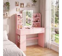 JUMMICO Coiffeuse avec Miroir et Multiprise - Table de Maquillage Moderne avec Prises & USB, 4 Crochets à Bijoux, 3 Modes de Lumière, Rangement Latéral, Petite Coiffeuse (Rose, 108CM)
