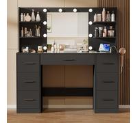 JUMMICO Coiffeuse avec Miroir et Prise, 10 Ampoules LED à 3 Modes de Lumière, Table de Maquillage avec Rangement, 7 Tiroirs, 4 Étagères, Support pour Sèche-Cheveux, Meuble Moderne de Chambre (Noir)