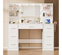 JUMMICO Coiffeuse avec Miroir et Prise, 10 Ampoules LED à 3 Modes de Lumière, Table de Maquillage avec Rangement, 7 Tiroirs, 4 Étagères, Support pour Sèche-Cheveux, Meuble Moderne de Chambre (Blanc)