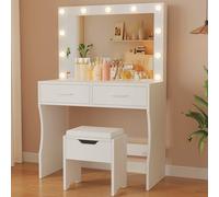 JUMMICO Coiffeuse avec Miroir et Tabouret avec éclairage LED à luminosité réglable, Grand Miroir, Trois températures de Couleur réglables, avec 11 Ampoules, Deux tiroirs, Blanc