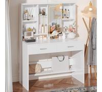 JUMMICO Coiffeuse avec Miroir LED, 3 Couleurs D'éclairage, Table de Maquillage avec Étagère Réglable, Rangement Derrière Le Miroir et 2 Tiroirs, Meuble Chambre Style Moderne