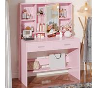 JUMMICO Coiffeuse avec Miroir LED, 3 Couleurs D'éclairage, Table de Maquillage avec Étagère Réglable, Rangement Derrière Le Miroir et 2 Tiroirs, Meuble Chambre Style Moderne