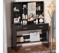 JUMMICO Coiffeuse avec Miroir LED, 3 Couleurs D'éclairage, Table de Maquillage avec Étagère Réglable, Rangement Derrière Le Miroir et 2 Tiroirs, Meuble Chambre Style Moderne