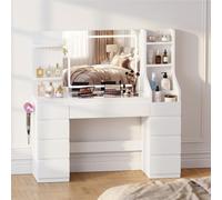 JUMMICO Coiffeuse avec Miroir LED et éclairage - 135 cm - avec Prise et USB - Tiroirs et Plateau en Verre - Blanc crème - Coiffeuse pour Chambre à Coucher