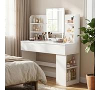 JUMMICO Coiffeuse avec Miroir LED et Lumière Réglable, Table de Maquillage Moderne avec Rangement Maximisé - 4 Étagères, 2 Tiroirs + Compartiment Latéral, Dimensions 108x40x136 cm pour Chambre (Blanc)