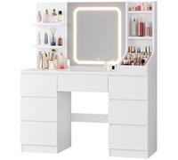 JUMMICO Coiffeuse avec Miroir LED et Luminosité Réglable, Table de Maquillage Moderne avec Grand Rangement - 7 Tiroirs et 4 Étagères, Dimensions 110x40x139 cm, Blanc pour Chambre