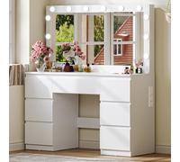 JUMMICO Coiffeuse avec Miroir LED Réglable, Multiprise & 7 Tiroirs - Table de Maquillage Moderne avec Rangement Bijoux Caché, Grande Commode de Dressing 120x40x140cm (Blanc)