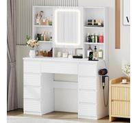 JUMMICO Coiffeuse Blanche Moderne avec Miroir LED 3 Modes d’Éclairage, 7 Tiroirs de Rangement, Support Caché pour Colliers, Ports USB/Type-C et Étagères Réglables (Blanc)