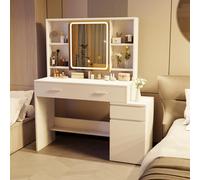 JUMMICO Coiffeuse LED 10 Boules & Miroir Magnifiant - 3C/10Niv Lumière Tactile, Table de Maquillage 4 Tiroirs, 6 Cases, 10 Crochets, Bureau Vanité Moderne pour Chambre, Blanc